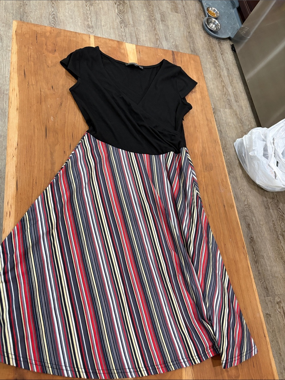 Black Top with Red & Multi-Stripe Midi Dress